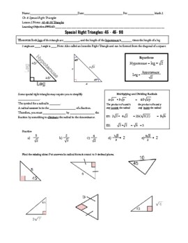 Preview of 45 45 90 Special Right Triangles Fillable Notes
