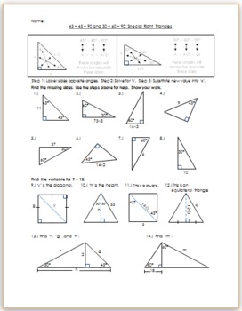 454590 and 306090 Special Right Triangles  Practice/HW by Eric Douce