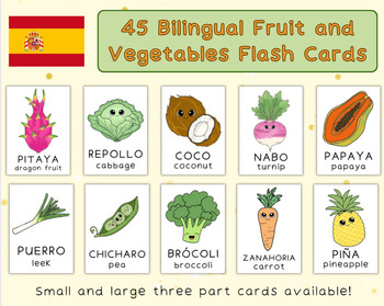 Preview of 45 Spanish and English Bilingual Fruits and Vegetables Flash Cards | Spanish
