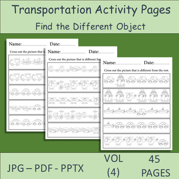 Preview of 45 Transportation Activity Pages for Kids. Find the Different Vehicles Worksheet