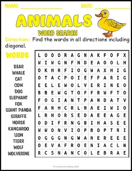 No Prep Animal Name Vocabulary Word Search Puzzle Worksheet Activity --P5