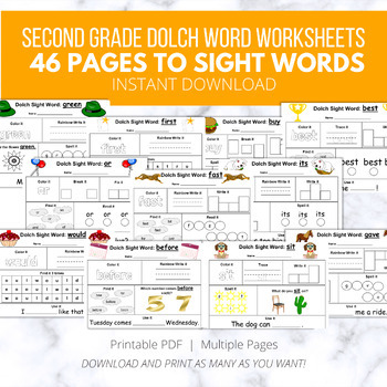 Preview of 46 Second (2nd) Grade Dolch Sight Words Worksheets, reading, writing, spelling