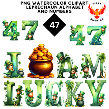 Preview of 47 Green Watercolor Clipart: Leprechaun Alphabet & Numbers St. Patrick's Day PNG