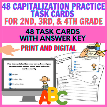 Preview of 48 Capitalization Practice Task Cards for 2nd, 3rd, & 4th Grade