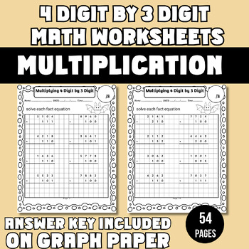 Preview of 4Digit by3Digit Multiplication with without Regrouping Worksheets on Graph Paper