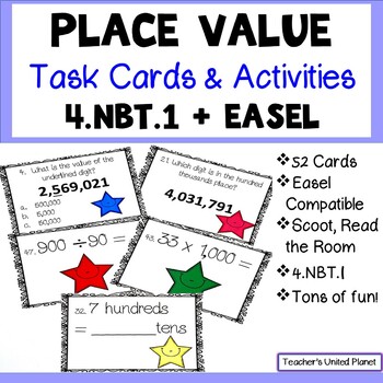 Preview of Place Value Task Cards, Charts, Games + Self-Checking Easel 4.NBT.1