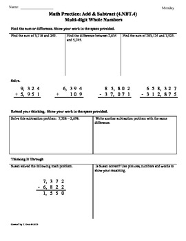 Preview of (4.NBT.4) Add & Subtract Multi-Digit Numbers:4th Grade Common Core Worksheets