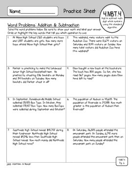 {FREEBIE} 4 NBT 4 Practice Sheets: Addition and Subtraction TPT
