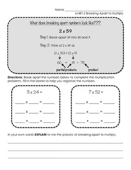 Preview of 4.NBT.5 Breaking Apart Method for Multiplication