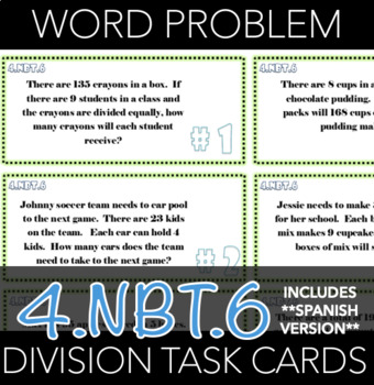 Preview of 4.NBT.6 Task Cards: Division Word Problems (w/ Spanish Version)