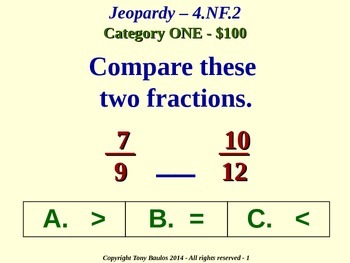 4.NF.2 4th Grade Common Core Math Jeopardy Game - Compare Two Fractions