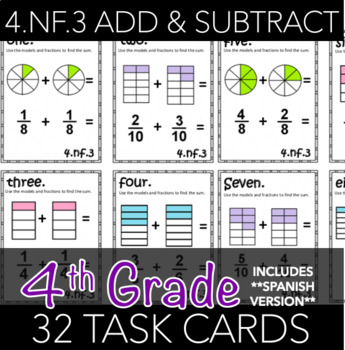 Preview of 4.NF.3 Task Cards: Fraction Addition and Subtraction (w/ Spanish Version)