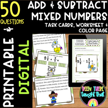 Preview of 4th Grade Add & Subtract Mixed Numbers Task Cards, Worksheets and Coloring Pages