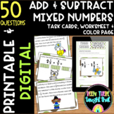 4th Grade Add & Subtract Mixed Numbers Task Cards, Workshe