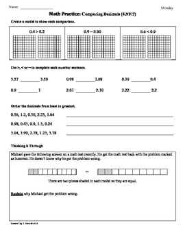 Preview of (4.NF.7) Comparing Decimals:4th Grade Common Core Math Worksheets