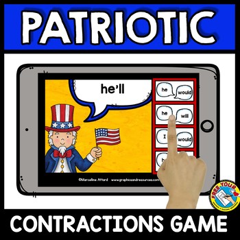 Preview of 4TH OF JULY ACTIVITY 1ST 2ND GRADE 1 CONTRACTIONS DIGITAL GAME BOOM CARD TASK