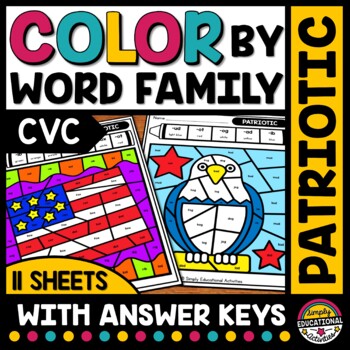 Preview of 4TH OF JULY ACTIVITY COLOR BY CVC WORD WORKSHEETS PHONICS READ COLORING PAGES