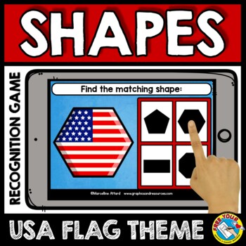 Preview of 4TH OF JULY INDEPENDENCE BOOM CARDS MATH ACTIVITY KINDERGARTEN 2D SHAPE GAME