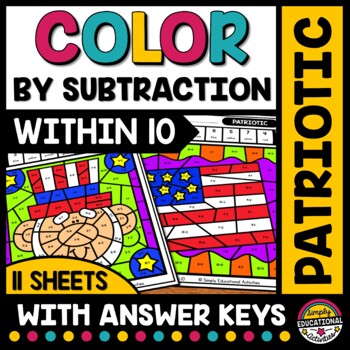 Preview of 4TH OF JULY MATH ACTIVITY COLOR BY NUMBER CODE SUBTRACTION TO 10 WORKSHEETS