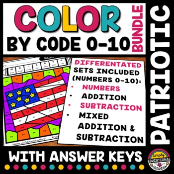 Preview of 4TH OF JULY MATH COLOR BY NUMBER ADDITION & SUBTRACTION TO 10 WORKSHEETS