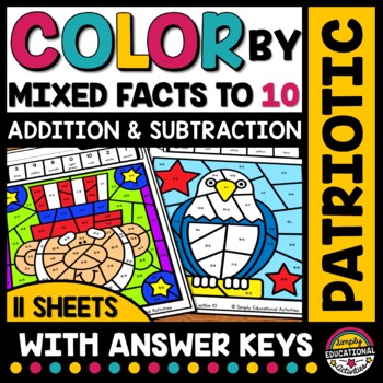 Preview of 4TH OF JULY MATH COLOR BY NUMBER MIXED ADDITION & SUBTRACTION TO 10 WORKSHEET