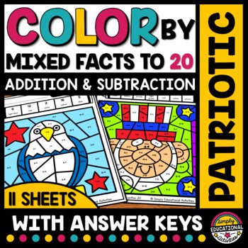 Preview of 4TH OF JULY MATH COLOR BY NUMBER MIXED ADDITION & SUBTRACTION TO 20 WORKSHEET