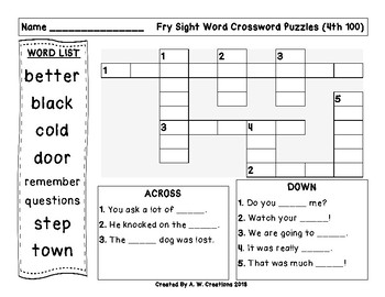 4th 100 Fry Sight Words Crossword Puzzle FREEBIE by A W Creations