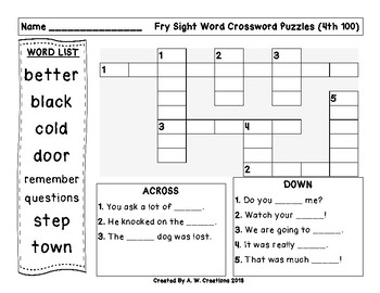 4th 100 Fry Sight Words Crossword Puzzles by A W Creations TpT
