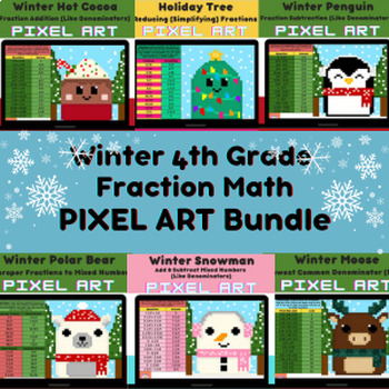 Preview of 4th & 5th Grade Fractions Math Winter Squishmallow Pixel Art Bundle