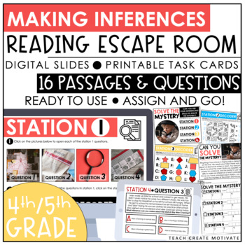 Preview of 4th & 5th Grade Making Inferences Escape Room | Digital Slides | Task Cards