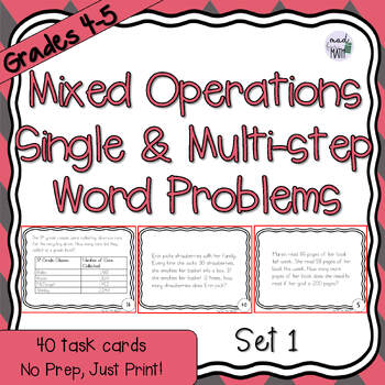Preview of 4th 5th Grade Mixed Operations Single & Multi-Step Word Problems Task Cards Set1