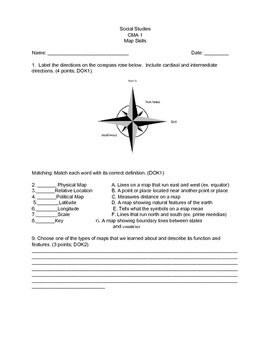Preview of 4th-6th Grade Social Studies Map Skills Assessment