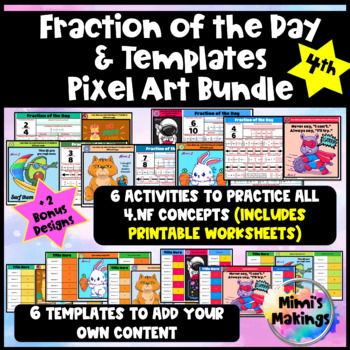 Preview of 4th Fraction of the Day with Editable Templates Pixel Art Bundle and Printables