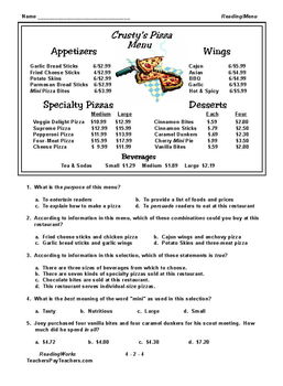 Preview of FREE ~ 4th GRADE READING - MENU