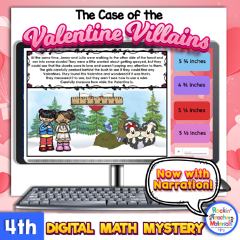 Preview of 4th Gr. Narrated Digital Math Mystery Valentine Villains Math Story Problems