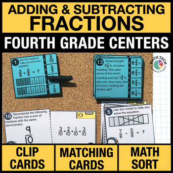 Preview of 4th Grade Add & Subtract Fractions Math Centers - 4th Grade Math Task Cards