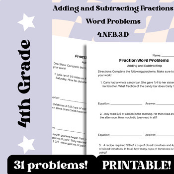 Preview of 4th Grade Adding and Subtracting Fractions Word Problems Worksheets
