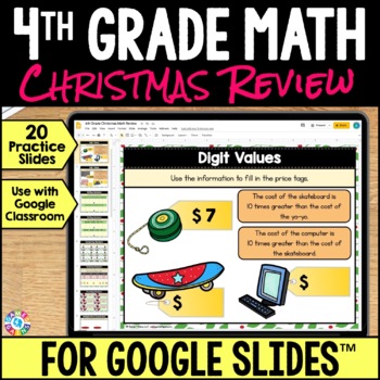 Preview of 4th Grade Christmas Math Google Slides Worksheets & Activities Packet for Review