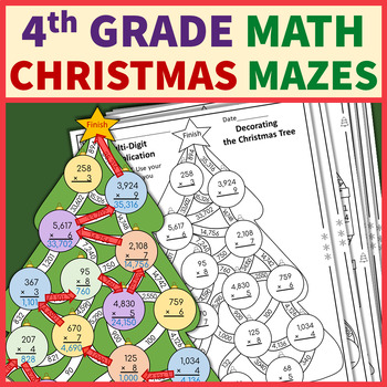Preview of 4th Grade Christmas Math Mazes + Self-Checking Easel