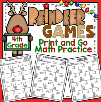 Preview of 4th Grade Christmas Math: Print and Practice Reindeer Themed Math Activities
