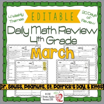 Preview of Math Morning Work 4th Grade March Editable, Spiral Review, Distance Learning