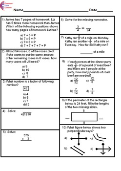 4Th Grade Common Core Math Assessment Short Form A (10 Questions) Fourth Grade