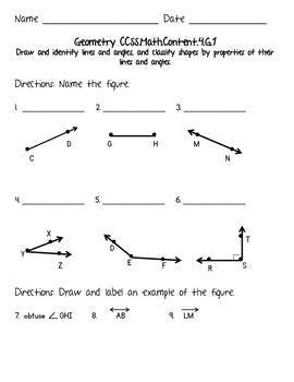 4th grade common core math geometry worksheets ccss 4 g a 1 tpt
