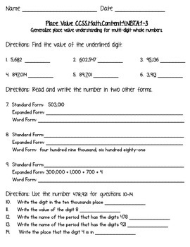 4th grade common core math place value worksheets by