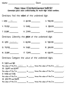 Preview of Math Place Value Worksheets 4th grade