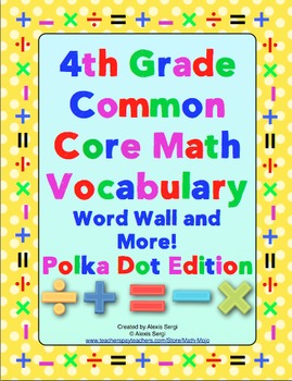 Preview of 4th Grade Common Core Math Vocabulary Word Wall and More (Polka Dot Edition)