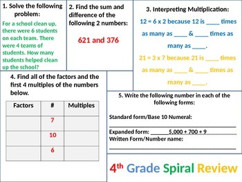 Preview of 4th Grade MATH Common Core Spiral Review