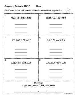 4th grade compare decimals worksheets activities and center common