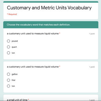 Preview of 4th Grade Customary & Metric Measurement Vocabulary Quiz Google Form Assessment