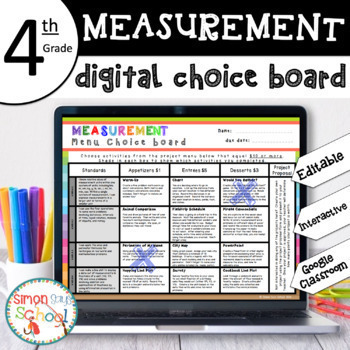 Preview of 4th Grade DIGITAL Measurement Choice Board – EDITABLE – Distance Learning